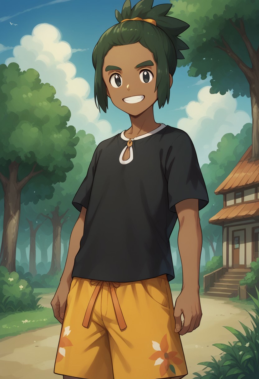 score_9, score_8_up, score_7_up, source_anime, highly detailed, 
haupk, 
1boy, dark-skinned male, male focus, black eyes, solo, shirt, shorts, dark skin, open mouth, green hair,
smile, orange shorts, floral print, black shirt, short ponytail, short sleeves,
standing, orange footwear, short hair, happy, upper body, grin
outdoor, sky, tree, clouds