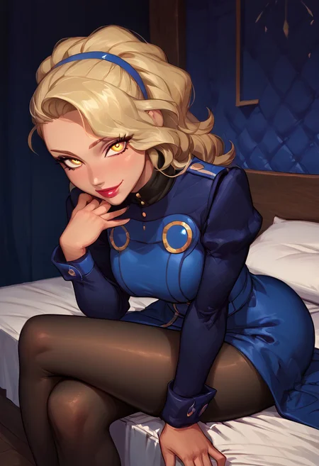 Expressiveh, masterpiece,best quality, highly detailed, score_9, score_8_up, score_7_up, score_6_up, source_cartoon, BREAK, 1girl, margaretp4, blonde hair, long hair, yellow eyes, headband, dress, blue dress, long sleeves, black pantyhose, high heels, lipstick, huge breast, wide hips, thick thighs, petite body, slim figure, sitting, on edge of bed, crossed legs, hand on own chin, leaning forward, looking at viewer, smile, soft expression, relaxed expression, BREAK, Velvet room, blue walls, blue room, blue bed, heart shaped bed, from front, detailed background, detailed eyes, prefect eyes, detailed face, kabedon,