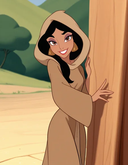 detailed, masterpiece, best quality,
hood, brown robe,
outdoors,
1girl, solo, standing, looking at viewer, smile,
<lora:aladdin-jasmine:1>, xjasminex, black hair, long hair, brown eyes, dark-skinned female, makeup, lipstick,