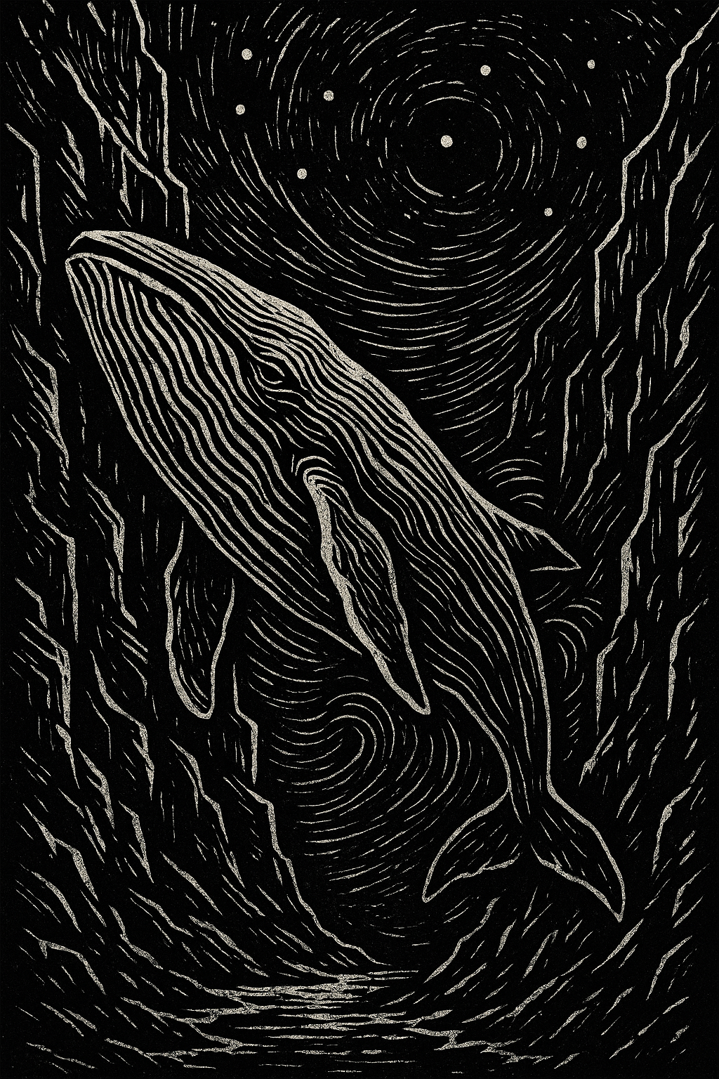 linocut-inspired stark carving style with high-contrast ink textures, rigid contour lines and negative space focus – a colossal whale floating through a nighttime canyon, body etched like layered woodcut topography, canyon walls stylized with harsh gouges and jagged black ridges, stars represented by perfect void circles, water is absent—motion shown only by curl-patterns behind the whale, visual storytelling via symbolic geometry