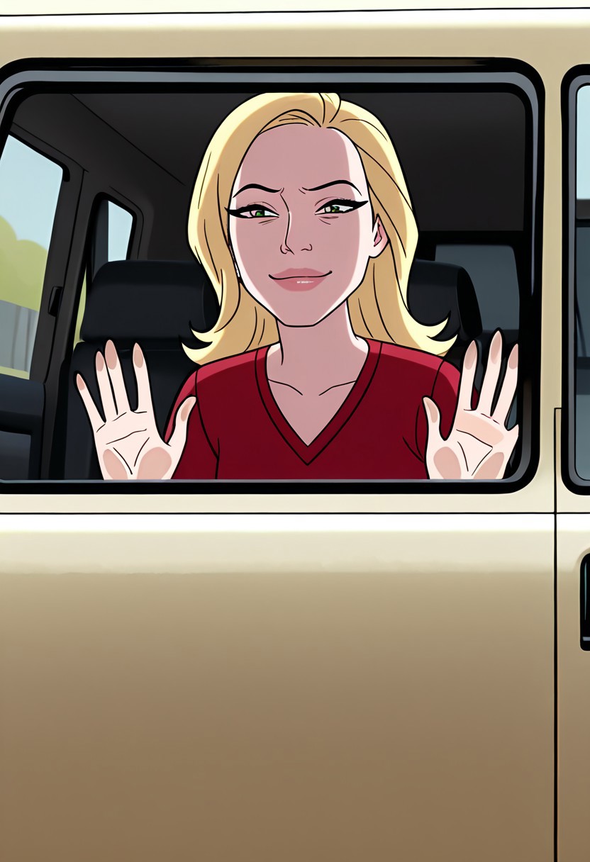 masterpiece, best quality, amazing quality, very aesthetic, absurdres, newest, ((screencap, parody, cartoon))
sandraten, blonde hair, 1girl, green eyes, lips,
 red shirt, long sleeves, makeup, v-neck
expressive face, 
smile, half closed eyes, car window, hands on glass, inside car,