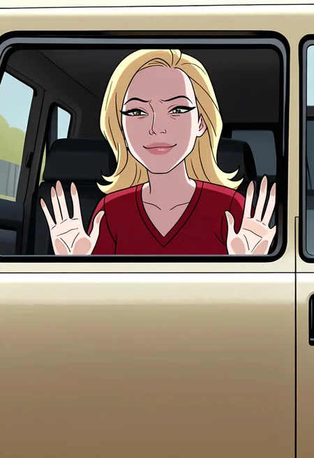 masterpiece, best quality, amazing quality, very aesthetic, absurdres, newest, ((screencap, parody, cartoon))
sandraten, blonde hair, 1girl, green eyes, lips,
red shirt, long sleeves, makeup, v-neck
expressive face,
smile, half closed eyes, car window, hands on glass, inside car,