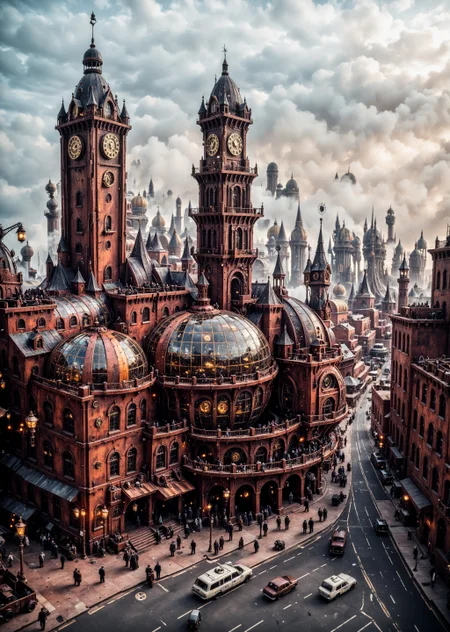 depicting a sprawling, fantastical cityscape with a steampunk aesthetic. The layout is a wide panoramic view showcasing a dense array of intricately designed buildings with pointed spires, domes, and elaborate architectural details. The structures are predominantly dark with hints of blue and bronze, creating a moody atmosphere. In the sky, several airships float among the clouds, adding to the steampunk theme. The city is bathed in a soft, diffused light, suggesting either dawn or dusk, with a warm glow emanating from windows and streetlights. Smoke rises from chimneys, contributing to the industrial feel. The foreground features a large, ornate dome with intricate patterns, while the background reveals a vast city stretching into the distance, with towering buildings silhouetted against the sky. The overall scene is rich in detail, evoking a sense of wonder and adventure.<lora:lora\zavy-cntrst-sdxl.safetensors:1.0:1.0><lora:lora\xl_more_art-full_v1.safetensors:1.0:1.0><lora:lora\Add_more_details_V2_XLpony.safetensors:1.0:1.0><lora:lora\sdxl_enhance.safetensors:1.0:1.0>
