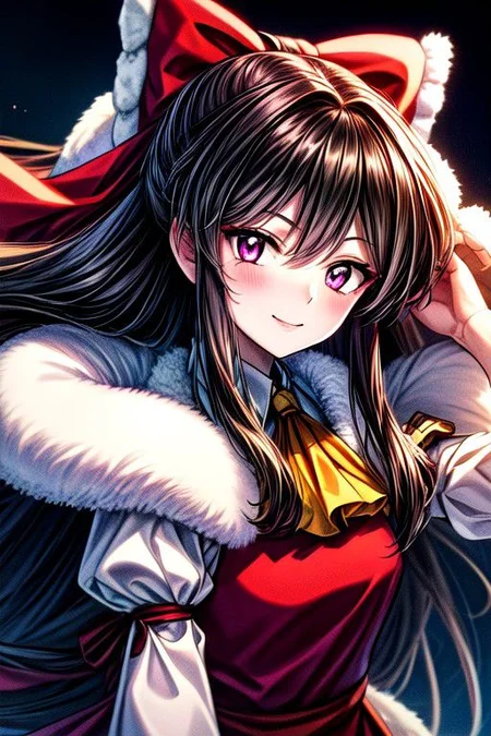 masterpiece, best quality 1girl Setsun4 solo long hair, (night time) forest background black hair very long hair purple eyes multicolored hair armor (fur trim) (medium body),<lora:EMS-179-EMS:0.800000>,<lora:EMS-293862-EMS:0.800000> bow, hair_bow, hair_tubes, red_bow, brown_hair, long_hair, bangs, sidelocks, ascot, brown_eyes, frilled_bow, yellow_ascot, blush, smile, hair_between_eyes
