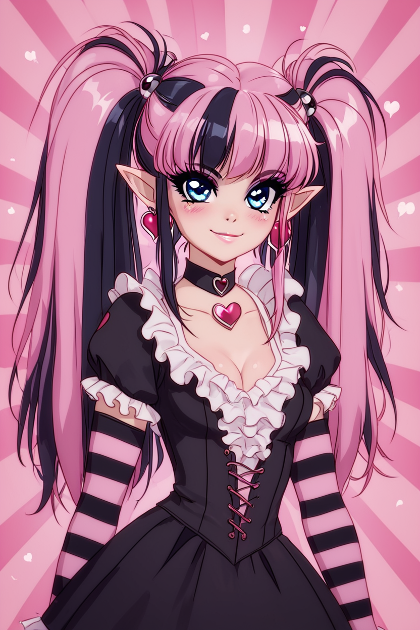 score_9, score_8_up, score_8, medium breasts, (curvy), cute, eyelashes,       BREAK, , zzDraculaura, black hair, twintails, multicolored hair, two-tone hair, streaked hair, long hair, pink hair, pointy ears, retro artstyle, 1990s (style),  cleavage, jewelry, heart, earrings, black choker, frills, striped, fur trim, makeup, heart earrings, striped sleeves, black dress,    <lora:NewDraculaura_PDXL:1.0>,, BREAK, smile, closed mouth, looking at viewer, cowboy shot,  ,,, embedding:zPDXL, Expressiveh, ,,, <lora:MantisStyle_PDXL_v2:0.8>, <lora:SDXLFaeTastic2400:0.5>, <lora:Expressive_H-000001:0.4>,