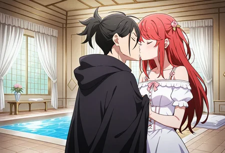 masterpiece, best quality, newest, absurdres, highres, detailed eyes, beautiful, detailed background, perfect eyes, anime coloring, anime screencap,
1girl, 1boy, hetero, facing another, kiss,standing, closed eyes, 
indoors, 
<lora:Theresia_van_Astrea_r1:1>Theresia_van_Astrea,
hair ornament,
long hair,white dress,
red hair,dress,flower,
hair flower,two side up,
t_theresia,red hair, 
white dress,
black hair, 
short ponytail, 
serious male, black dress,
black hood down, palace indoors, large room, bedroom, bathhouse, bed with curtains, large pool, hot water, steam, bed curtains, taking off clothes, tile floor, bath mats, towels, inflatable massage sheet, canopy bed, pillows, blanket, water, pool in center