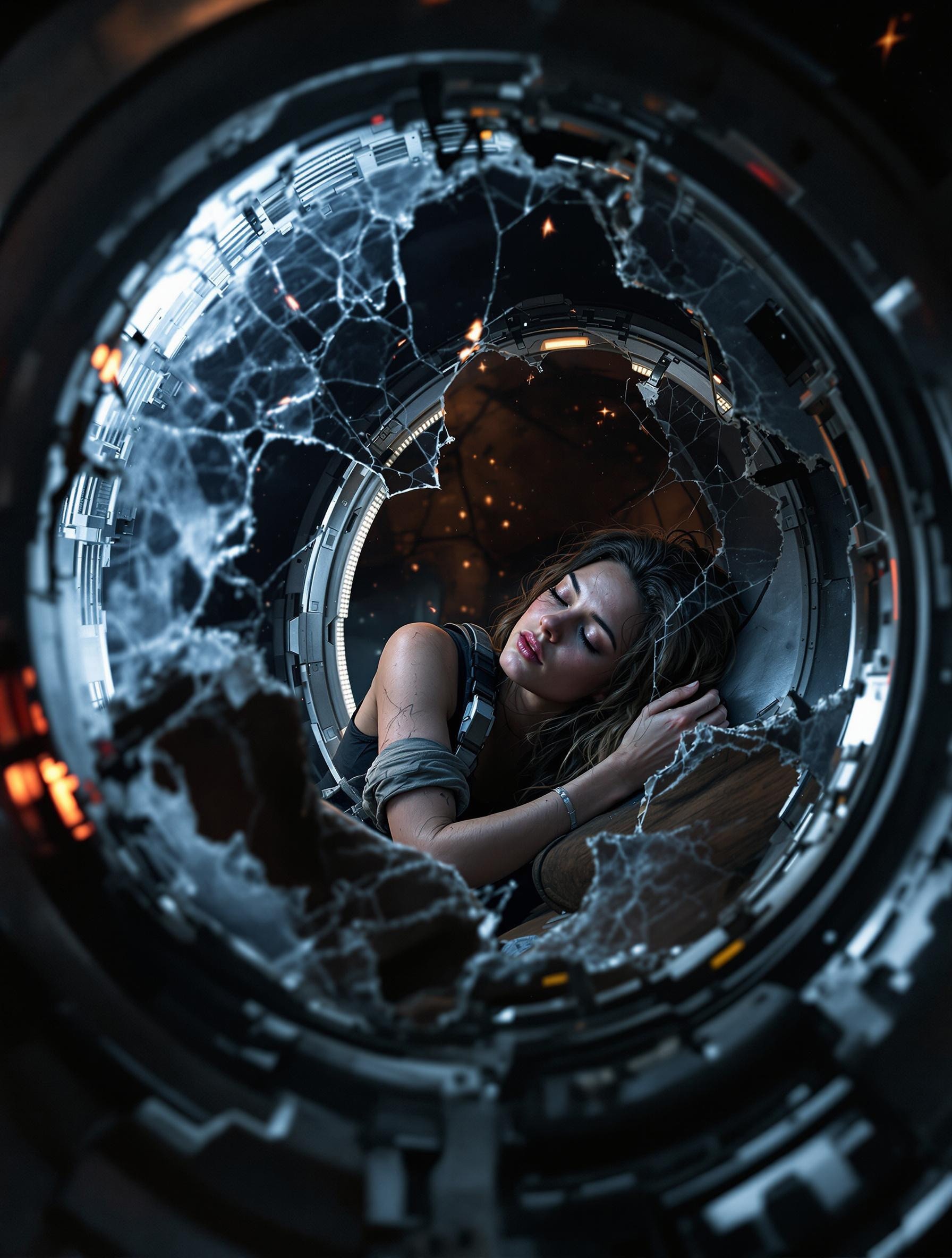 Photorealistic scene of a small, heavily damaged space escape pod slowly drifting through deep space. The pod’s hull is scorched, dented, and cracked, with exposed wiring and broken panels, but flickering lights and faint system glow indicate it's still functional. A wide shot shows the pod isolated against a star-filled void. Then, a close-up through the cracked viewport: a woman is curled up asleep inside, wearing a futuristic jumpsuit rolled down to her waist and a black tank top. She's bruised, with smudged skin and tangled hair. Her breath lightly fogs the window, adding condensation and a sense of cold. Floating straps and debris suggest recent chaos. Interior lighting is dim and moody, with cinematic shadows. Use realistic textures—metal fatigue, scratches, soot. Camera is a virtual 85mm f/1.4 lens with shallow depth of field, focused on her sleeping face through the window, reflections and faint star bokeh in the background. Gritty, atmospheric, emotionally grounded.