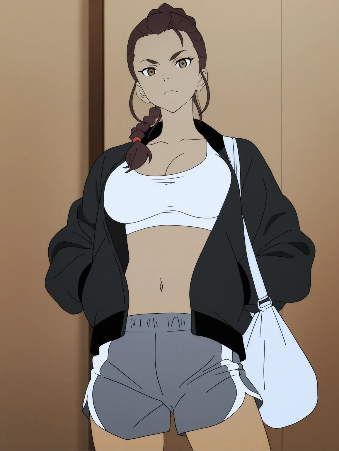 masterpiece,best quality,amazing quality,highres,detailed
<lora:IL_Kuroda Miki:0.9>,Kuroda_Miki_B,(solo),(1girl),bag,shorts,braid,brown hair,breasts,hands in pockets,grey shorts,white sports bra,jacket,black jacket,dark skin,single braid,brown eyes,dark-skinned female,looking at viewer,navel
