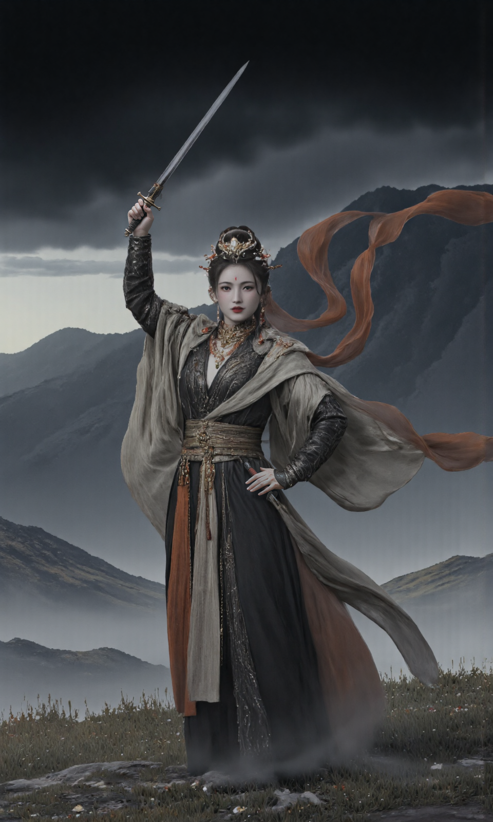 Top Atmosphere Photography Works, extremely realistic, Art by Zhang Jing, 
﻿
In ancient Chinese fantasy style, (a beautiful demonic holy woman/ jewelry, earrings, red lips, long sleeves, hair bun, shawl, ribbon, Phoenix Crown, Biyao, Jade Ornaments, Floral Ornaments, armor, Hair Pin, Hair Comb, Golden Forehead Ornament, Beaded Strands, feathers clothes, cleavage) (holding and rising a sharp sword/Dynamic posture, combat posture), confronts a group of male cultivators, 
The desolate grassland, overgrown with weeds, fluttering petals, and low hanging dark clouds make the scene full of epic heroic spirit, 
﻿
(photorealistic:1.5), (Extremely realistic, masterpiece, top quality, official art, best quality, beautiful and aesthetic:1.2), 4k, 8k, very rich details, 24bit colors, vivid colors, cinematic color grading, landscape,