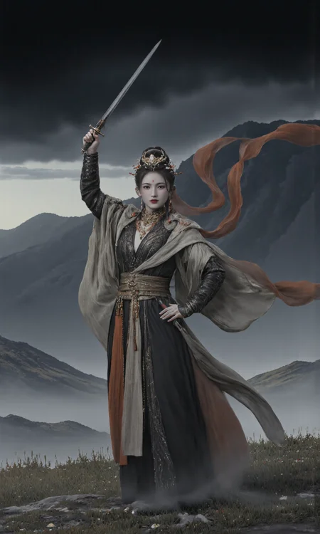 Top Atmosphere Photography Works, extremely realistic, Art by Zhang Jing,
In ancient Chinese fantasy style, (a beautiful demonic holy woman/ jewelry, earrings, red lips, long sleeves, hair bun, shawl, ribbon, Phoenix Crown, Biyao, Jade Ornaments, Floral Ornaments, armor, Hair Pin, Hair Comb, Golden Forehead Ornament, Beaded Strands, feathers clothes, cleavage) (holding and rising a sharp sword/Dynamic posture, combat posture), confronts a group of male cultivators,
The desolate grassland, overgrown with weeds, fluttering petals, and low hanging dark clouds make the scene full of epic heroic spirit,
(photorealistic:1.5), (Extremely realistic, masterpiece, top quality, official art, best quality, beautiful and aesthetic:1.2), 4k, 8k, very rich details, 24bit colors, vivid colors, cinematic color grading, landscape,