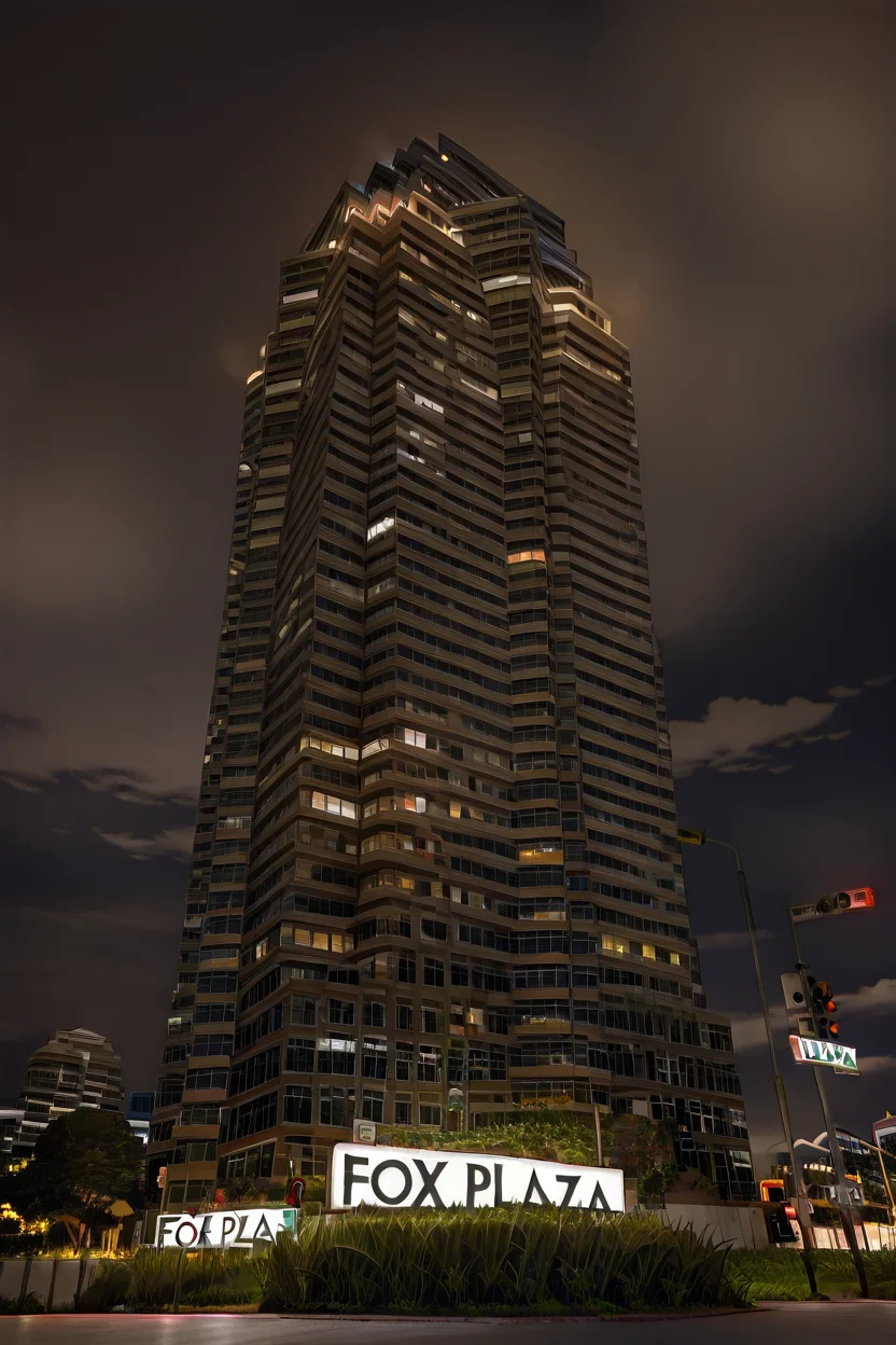 masterpiece, best quality, zzNakatomi, cloud, english text, tree, no humans, night, grass, night sky, city, sign, road, cityscape, lamppost, skyscraper, road sign, traffic light, sign says "fox plaza", english text ,<lora:NakatomiIXL:1.0>,