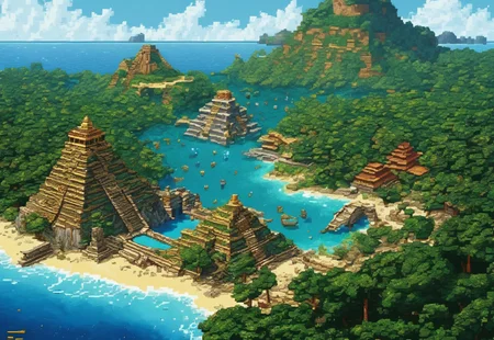( dramatic photo), extreme-detailed, detailed pixel-art style , illuminated field, (super detailed) , masterpiece, 8k, (masterpiece), <lora:detailed_notrigger:1>, film, Ultra High Resolution,  (highly detailed), (epic),  A perfect ocean landscape in earth,  water flow, world of technology mixed with ancient Mayan civilization, trees of yellow crystals all around, Pixel_Art