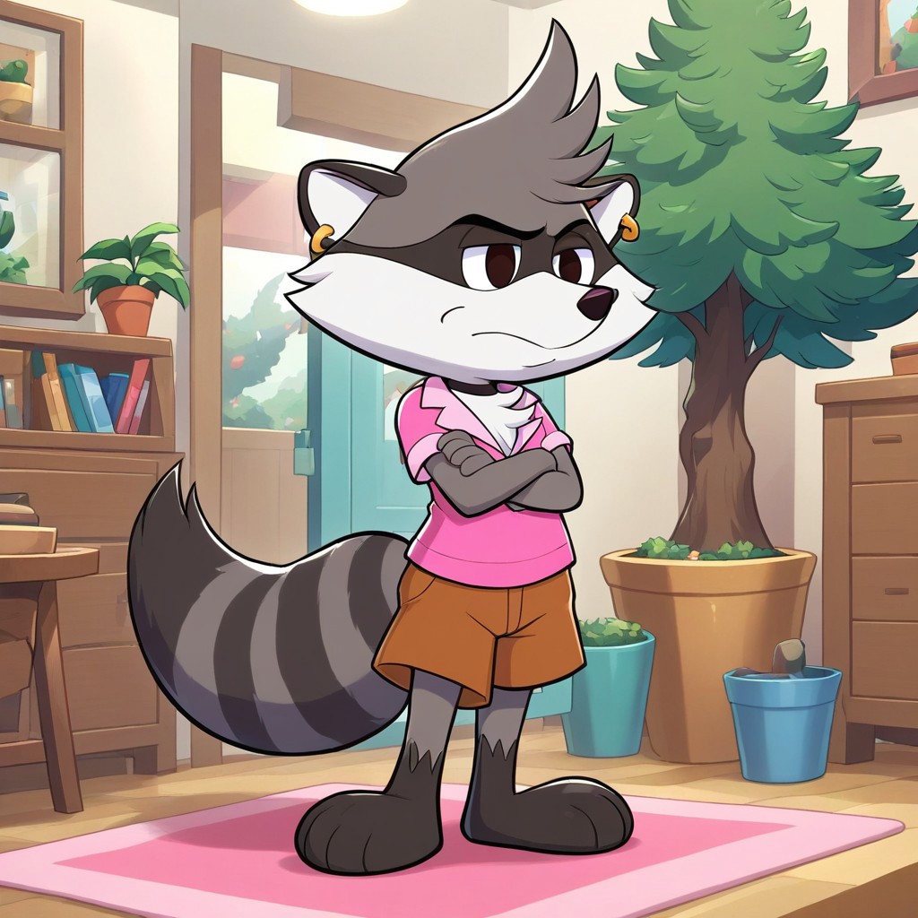 brown shorts, indoors, earrings, 1boy, Raccoon, tree, Full Body,  solo, Renaldo Raccoon, arms crossed, standing