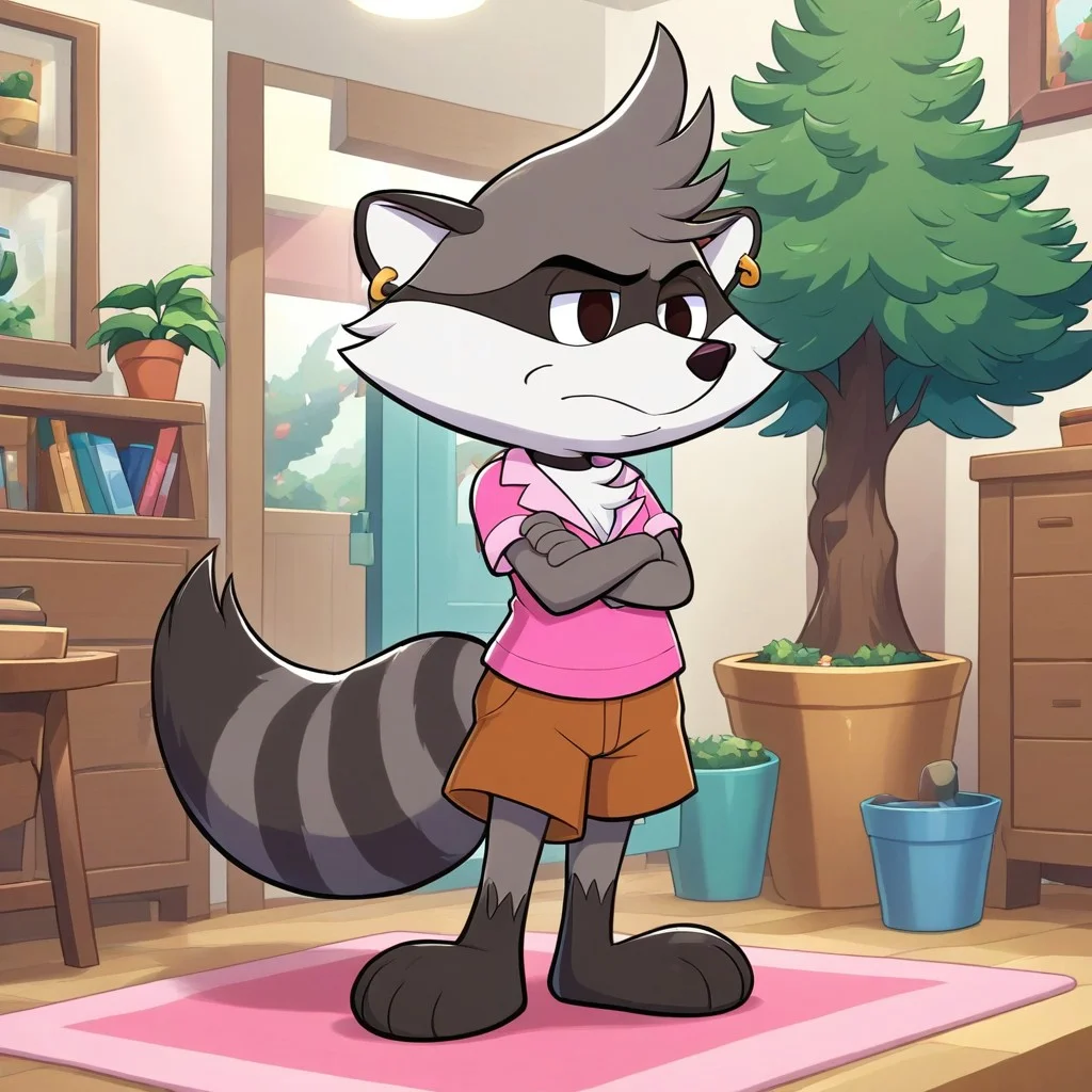 brown shorts, indoors, earrings, 1boy, Raccoon, tree, Full Body,  solo, Renaldo Raccoon, arms crossed, standing