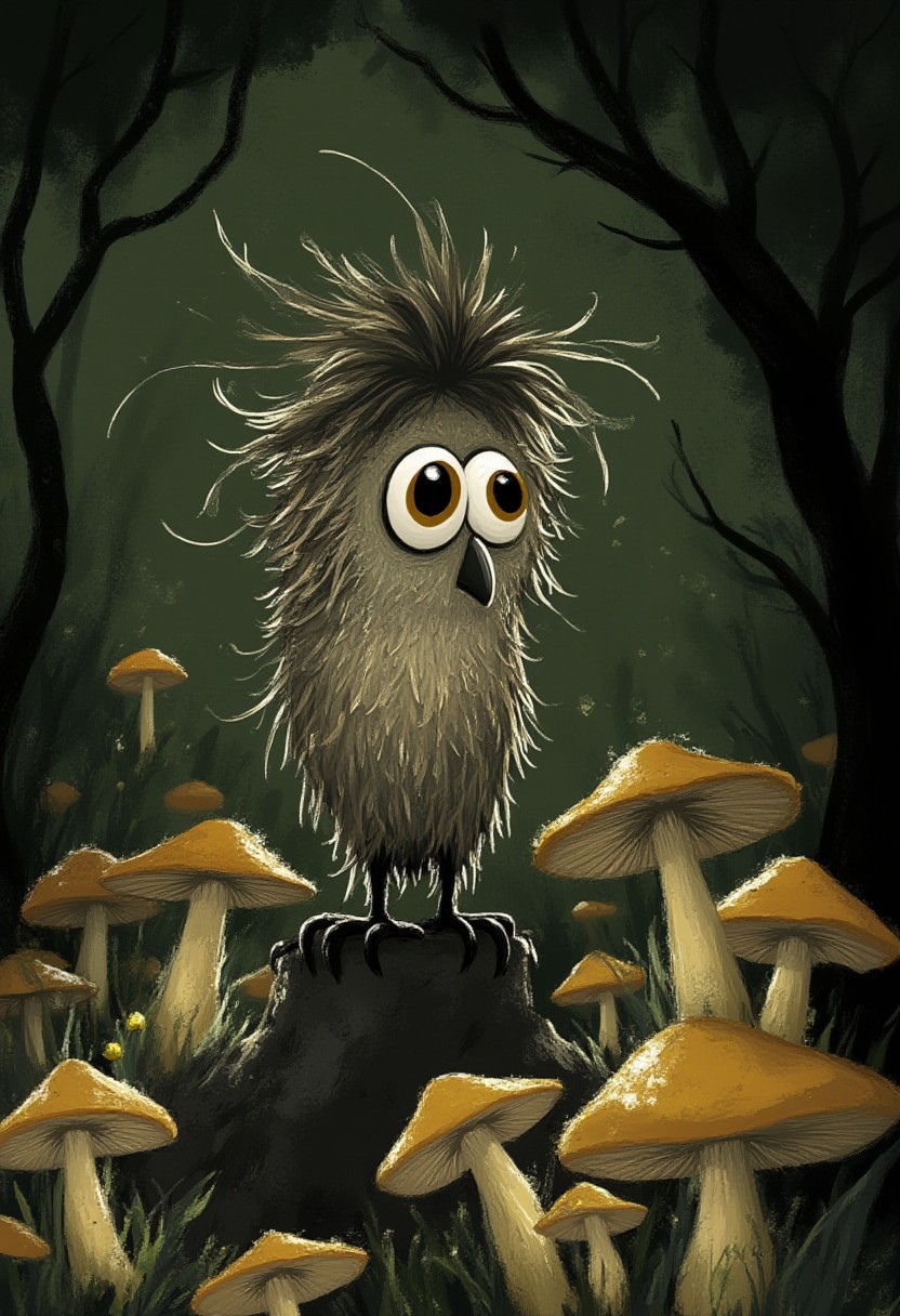 A whimsical illustration of a tiny owl with disheveled feathers in dark whimsical art style, perching among glowing mushrooms, digital painting with expressive brushstrokes showing textured plumage, dark forest background, characteristic Tim Burton inspired design with huge golden eyes and curved beak