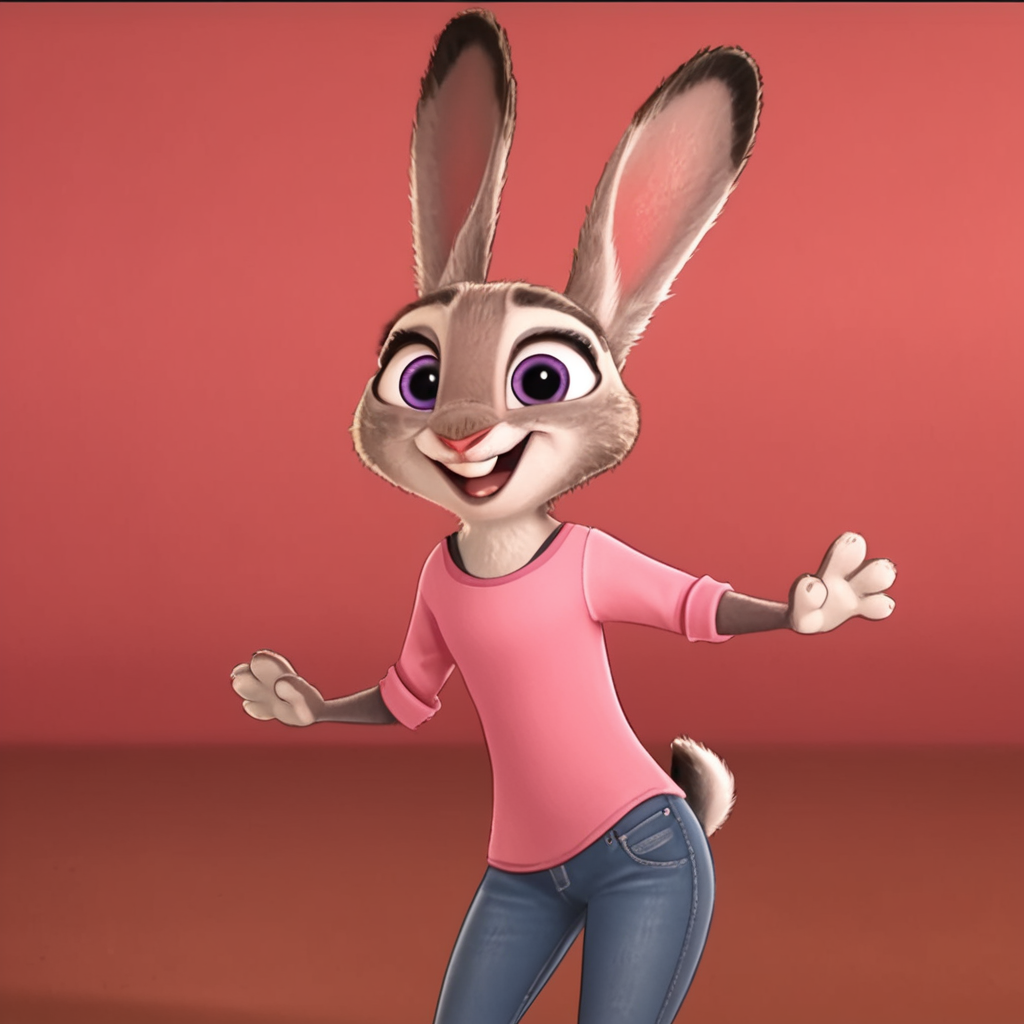 judyhopps happy, solo, pink shirt, jeans, qlt <lora:judyhopps-v1-ponyv6xl:1>