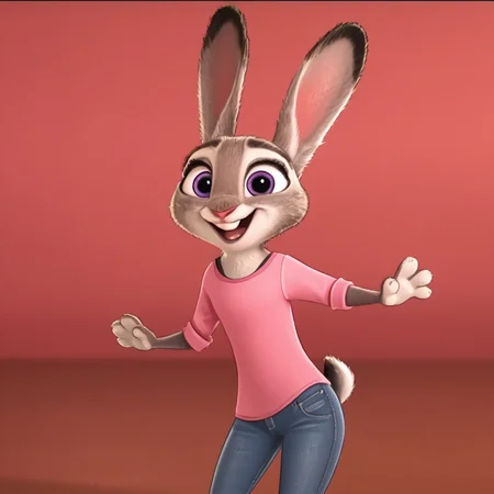 judyhopps happy, solo, pink shirt, jeans, qlt <lora:judyhopps-v1-ponyv6xl:1>