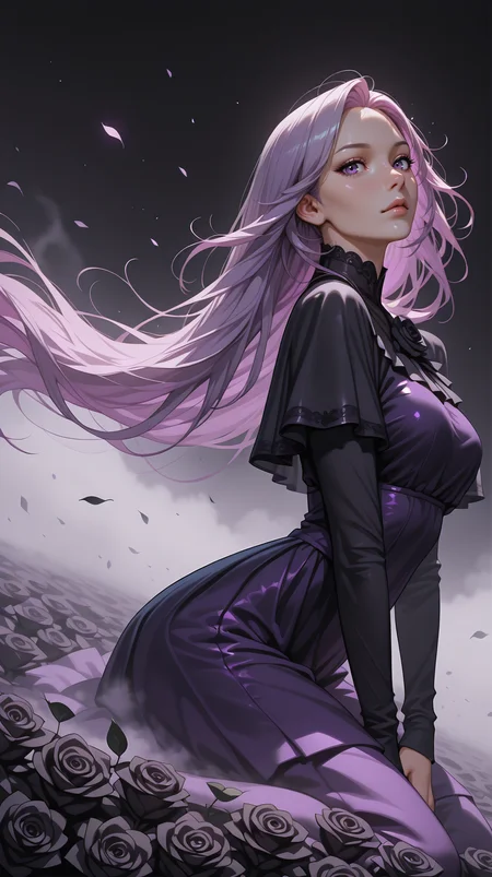 <lora:reij-detaILer:0.6>, sideview, portrait, fujifilm xt, realistic, dynamic angle, masterpiece, best quality, 8k, realistic, beautiful, surrounded by black roses leaves, high-resolution, realistic, portrait, a woman, extreme long hair, elemental, floating, dress is swirling in the wind, black background, black and purple neon grading, ranks, roses, shadows, dynamic, face focus, fog, eyelashes, looking at viewer, hip level shot, magical, kneeling, msysterious,