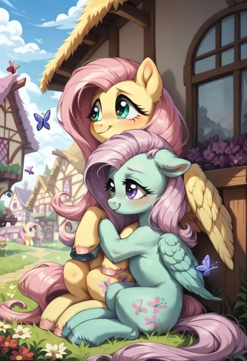 score_9, score_8_up, score_7_up, score_6_up, score_5_up, score_4_up, derpibooru_, my little pony, ((fluttershy)), ((lavender tea, light purple long hair, light green fur, pale green eyes)), ((feral ponies)), 2girls, ((duos)) (cute pony face), (detailed eyes), (detailed fur), (purple hooves), (ponyville background:1.5), (blue purple butterflies:1.5), (detailed hair:1.5), (holding hooves:1.5), (pink purple flowers), (PEGASUS), (hugging), sitting outside, sitting on grass,
