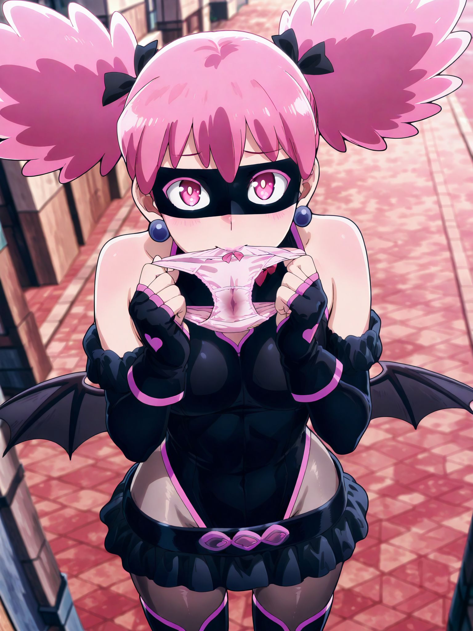 <lora:add-detail-xl:0.5>,,masterpiece, best quality, newest, absurdres, highres, detailed eyes, beautiful, detailed background, perfect eyes, anime coloring, anime screencap,
<lora:Holding_panties:0.7>Holding_pantiesV1,
1girl,underwear,breasts,panties,
solo,nipples,  hands up,
holding panties in mouth,looking at viewer, 
biting panties,stained panties,
olding panties with both hands,
<lora:Kazuho_Haneyama_Pop_Step!-10:0.9>pop-step, pink hair, earrings, jewelry, wings, twintails,mask, pink eyes,  outdoors, 
mask, thigh boots, boots, thighhighs, earrings, bare shoulders, gloves, domino mask,skirt, pantyhose, heart, clothing cutout, eye mask,  elbow gloves, leotard, sleeveless, bare shoulders,bat wings, fingerless gloves,
20YO, milf, mature female,adult,
