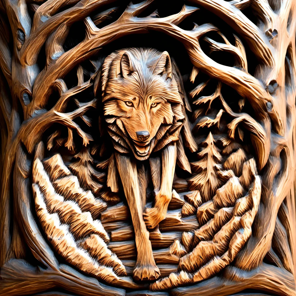 woodenart, a carved wood wolf in a tree trunk <lora:woodenart:1>, alluring portrait, intricate, highly detailed, digital painting, artstation, concept art, naughty, sharp focus, cinematic lighting, illustration, art by artgerm and greg rutkowski, alphonse mucha, cgsociety
