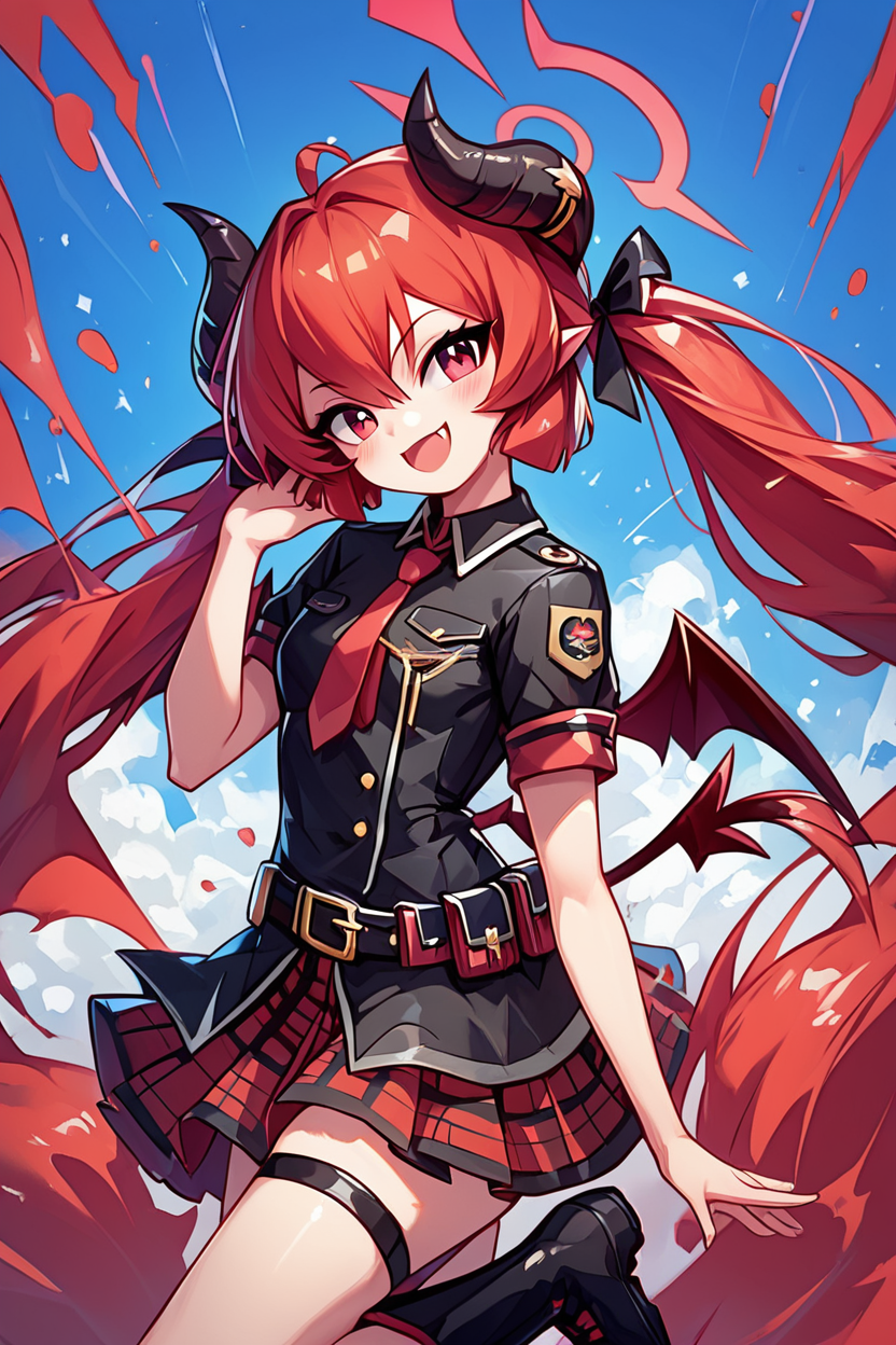 score_9, score_8_up, score_8, medium breasts, (curvy), cute, eyelashes,       BREAK, , ,,, zzJunko, red eyes, red hair,  red halo, horns, long hair, twintails, halo, demon horns, pointy ears, wings, hair between eyes, demon wings, very long hair, black horns, low wings,  ribbon black shirt, pleated skirt, red skirt, short sleeves, plaid skirt, red necktie, thigh strap, belt, fang, black footwear, boots, <lora:Junko_BlueArchive_PDXL:0.8>,   ,,,, BREAK, embedding:zPDXL, Expressiveh, ,,, <lora:EnergyCAT:1.0>, solo, smile, looking at viewer, aura, blue sky, ,,, <lora:SDXLFaeTastic2400:0.5>, <lora:Expressive_H-000001:0.4>,