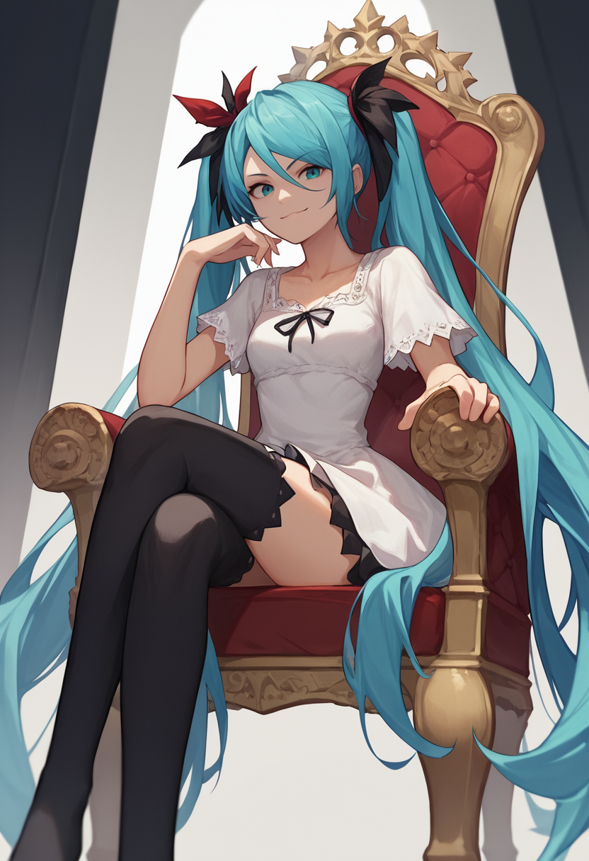 score_9, score_8_up, score_7_up, source_anime, solo, 1girl, worldisminemiku, smirk, looking at viewer, sitting, crossed legs, throne, twintails, hair ribbon, white dress, short sleeves, black thighhighs <lora:vocaloid_worldisminemiku_ponyXL:1>