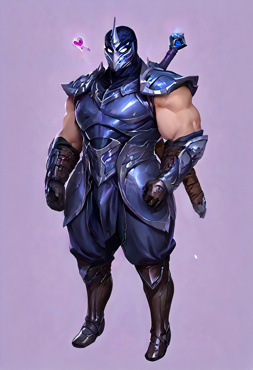 score_9, score_8_up, score_7_up, score_6_up, score_5_up, score_4_up, source_anime,  Shen, solo, looking at viewer, blue eyes, simple background, gloves, 1boy, holding, full body, weapon, male focus, horns, black gloves, sword, holding weapon, armor, bodysuit, mask, glowing, holding sword, helmet, shoulder armor, gauntlets, glowing eyes, single horn, purple background, breastplate, black bodysuit, white eyes, knight, full armor, black armor, tokusatsu, broad shoulders, muscular, huge pecs, huge traps, big bulge, huge thighs, <3