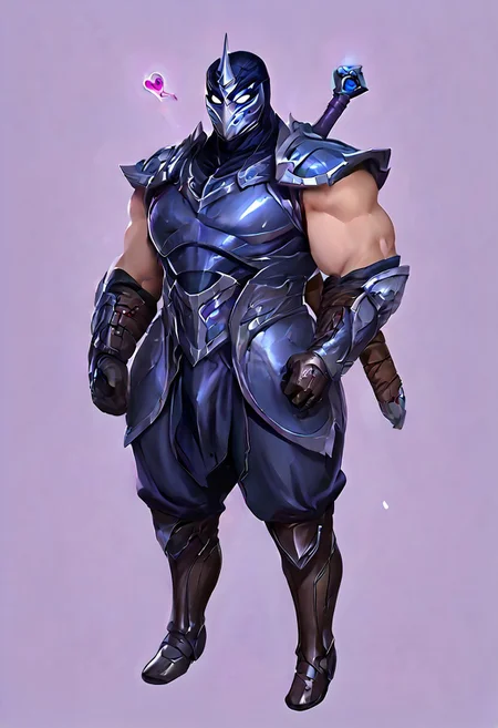 score_9, score_8_up, score_7_up, score_6_up, score_5_up, score_4_up, source_anime,  Shen, solo, looking at viewer, blue eyes, simple background, gloves, 1boy, holding, full body, weapon, male focus, horns, black gloves, sword, holding weapon, armor, bodysuit, mask, glowing, holding sword, helmet, shoulder armor, gauntlets, glowing eyes, single horn, purple background, breastplate, black bodysuit, white eyes, knight, full armor, black armor, tokusatsu, broad shoulders, muscular, huge pecs, huge traps, big bulge, huge thighs, <3