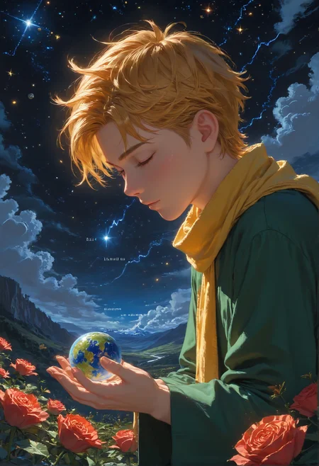 detailed background,Cinematic Lighting,film grain,score_9,score_8_up,score_7_up,zPDXL2,masterpiece,best quality,highly detailed,glowing,hand person,Expressiveh, <lora:(增强)sdxl_lightning_8step_lora:1>,<lora:glowneon_xl_v1:1>, <lora:(增强)Hands XL 4:1>,<lora:(增强)Expressive_H-000001:0.8>, <lora:Vixon\Vixon's Pony Styles Astro:0.8> , little prince, a rose, a fox, night sky, universe, yellow scarf, yellow hair, green clothes, 4str0,star \(sky\), earth \(planet\), planet,Le Petit Prince,1child