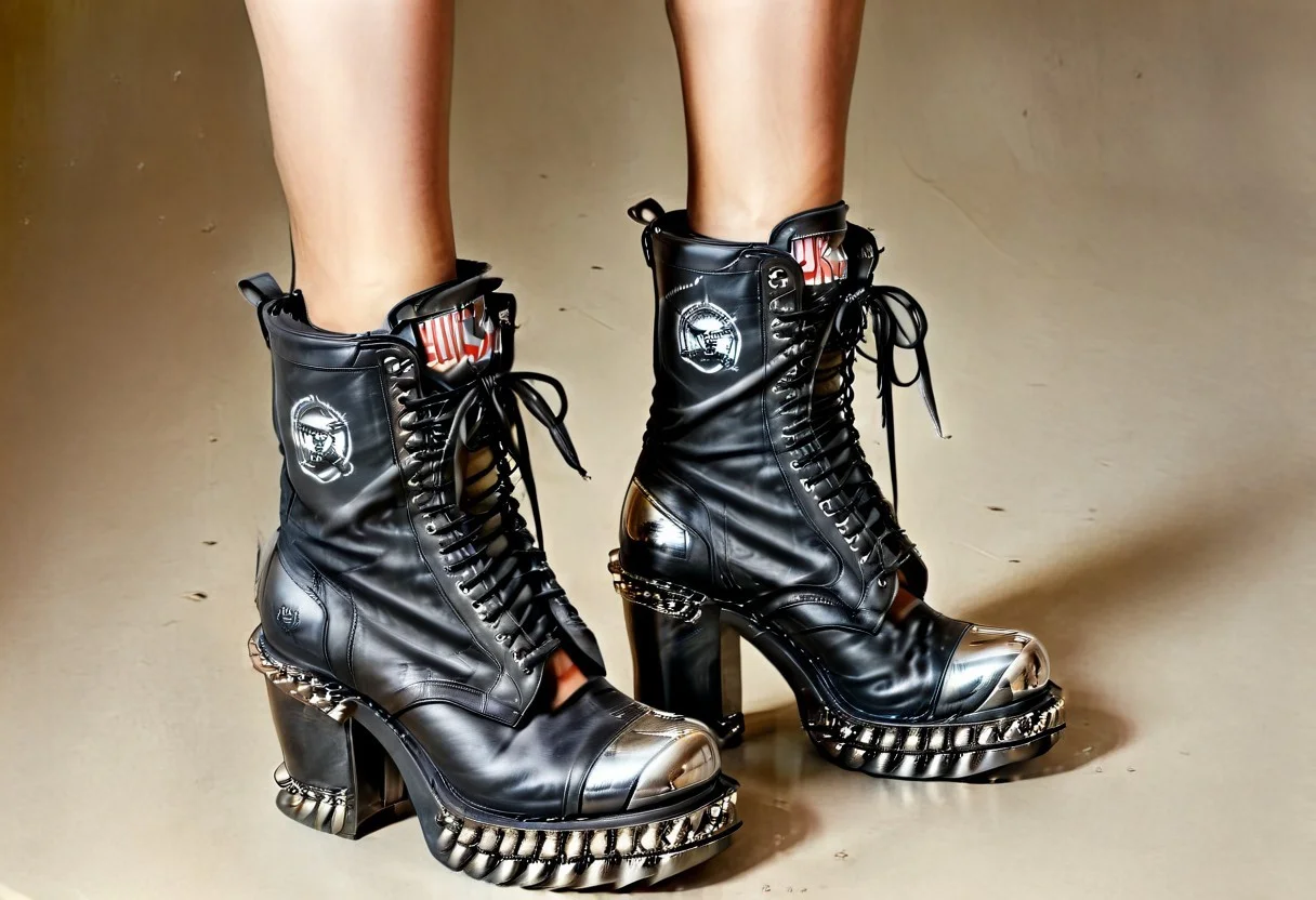 Ultra realistic with high quality and ultra detail with excellent focus and contrast, photorealistic image style, ultra realism, high definition of 1 object rocker kills type military cubes with metal bomb,heel spurs,chain strings,leather,women's style