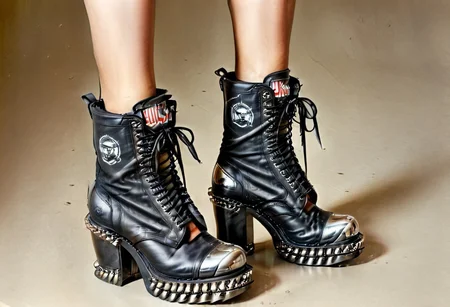 Ultra realistic with high quality and ultra detail with excellent focus and contrast, photorealistic image style, ultra realism, high definition of 1 object rocker kills type military cubes with metal bomb,heel spurs,chain strings,leather,women's style