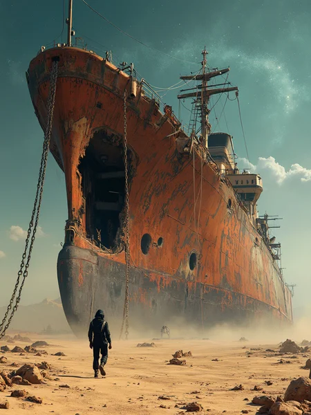a surreal and post-apocalyptic desert scene. A massive, rusted ship lies stranded in the middle of a vast, barren desert. Galactic background, The ship's enormous hull looms over the landscape, towering over the scattered debris below. Chains hang loosely from the ship, adding to the sense of abandonment and decay. The side of the ship is damaged, with a large hole torn through its rusted exterior, revealing the interior.
A lone figure, wearing a black protective suit, walks towards the ship, dwarfed by its massive size. The figure’s posture suggests curiosity or determination as they move closer to the decaying structure.
The juxtaposition of a ship in a desert evokes a sense of mystery, as if the remnants of a long-lost civilization or event are being uncovered in an arid wasteland. The image suggests themes of isolation, decay, and a world far removed from the familiar.