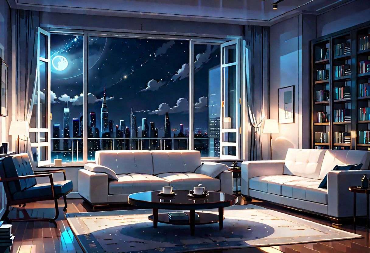 ((front view)), Shallow scene, ((animation style)), modern-style interior, with white walls, (large windows), a  study, Sofa, coffee table, bookcase, single wall, (gloomy room), Turn off the indoor lights , quiet and mysterious night sky, starry sky, moonlight, city night view, (City high-rise building scenery), (City scenery outside the window)