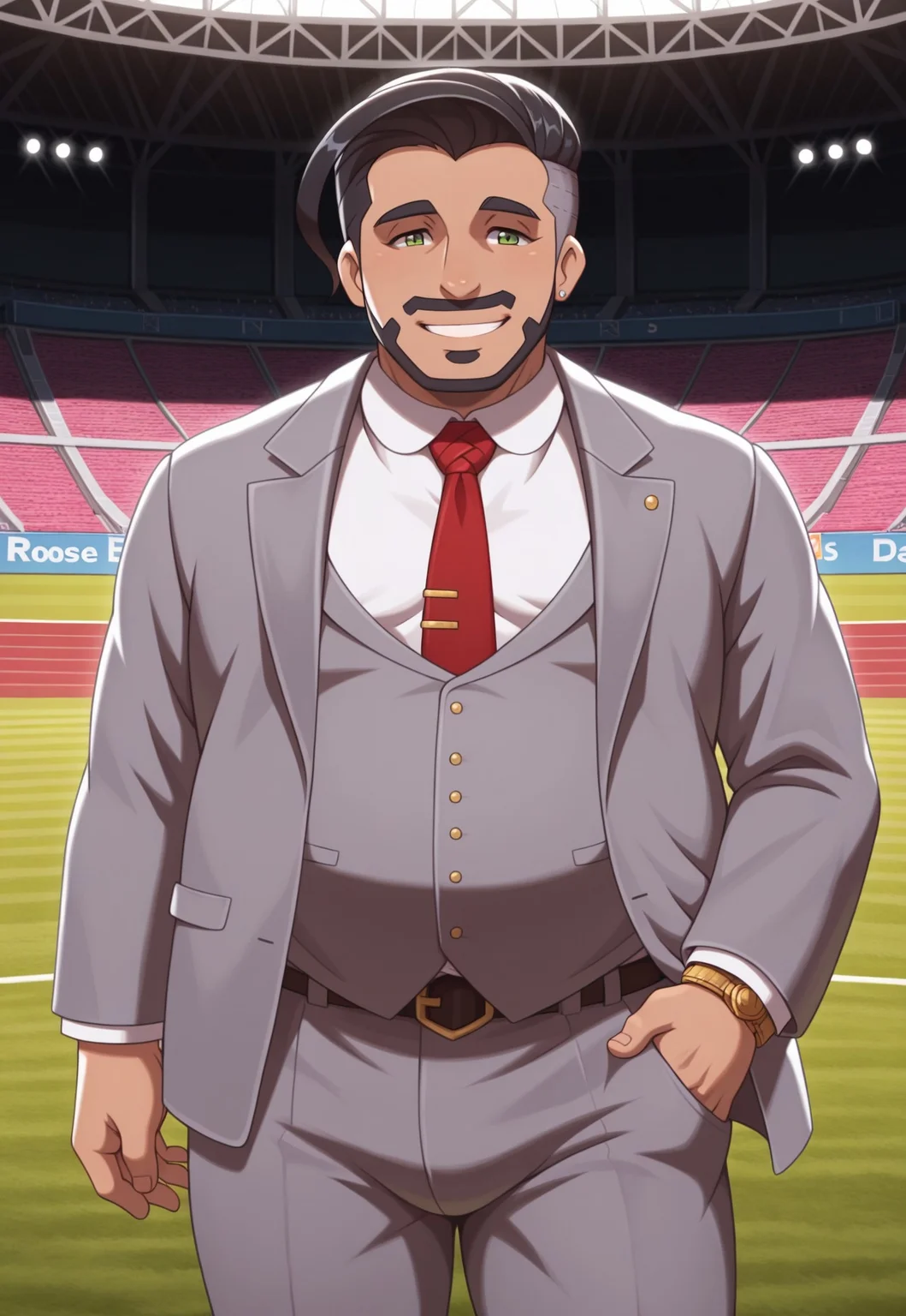 solo, masterpiece, modern, new, 1boy, male, masculine face, daddy looking face,
PokemonRose, black hair, facial hair, green eyes, grey jacket, shirt, necktie, chubby, looking at viewer, smiling, football stadium, happy, pants