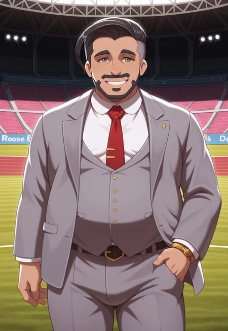 solo, masterpiece, modern, new, 1boy, male, masculine face, daddy looking face,

PokemonRose, black hair, facial hair, green eyes, grey jacket, shirt, necktie, chubby, looking at viewer, smiling, football stadium, happy, pants