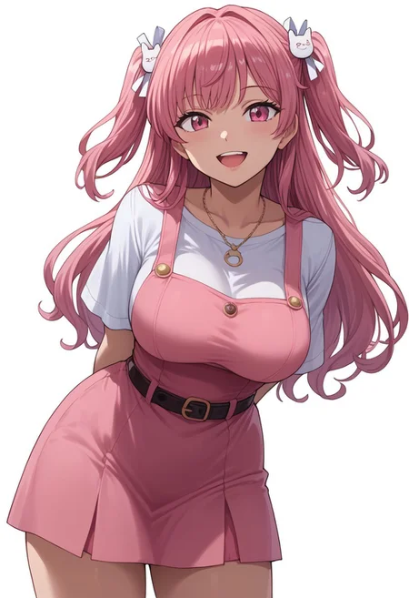 score_9, score_8_up, score_7_up,4k, source_anime,masterpiece,mogudan,best quality,,amazing quality,large breast,Nanamihiro3, 1girl, solo, long hair, looking at viewer, smile, open mouth, simple background, shirt, hair ornament, white background, dress, ribbon, jewelry, white shirt, pink hair, belt, pink eyes, necklace, dated, two side up, leaning forward, arms behind back, pink dress, pinafore dress, cat hair ornament,short dress,from below