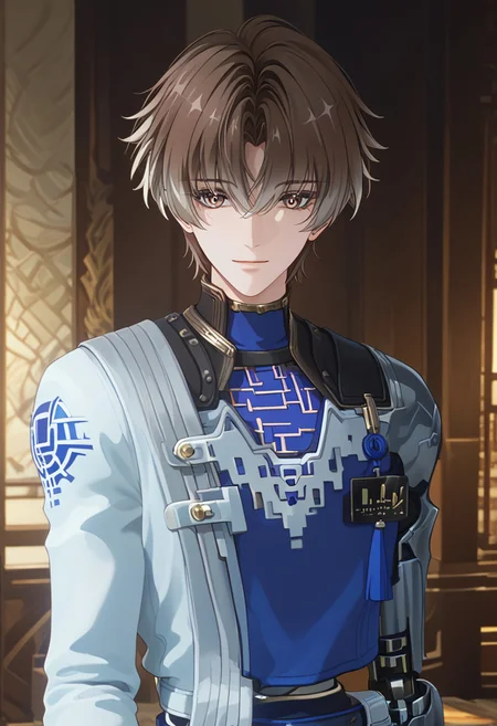 score_9, score_8_up, 1boy, solo, HD, details, high quality, rendered face, source_anime, good_hands.
((pale skin)), xiangliyao, gradient hair, brown hair, multicolored eyes, mechanical arm
Indoors, inside a high class mansion, looking at viewer, light smile