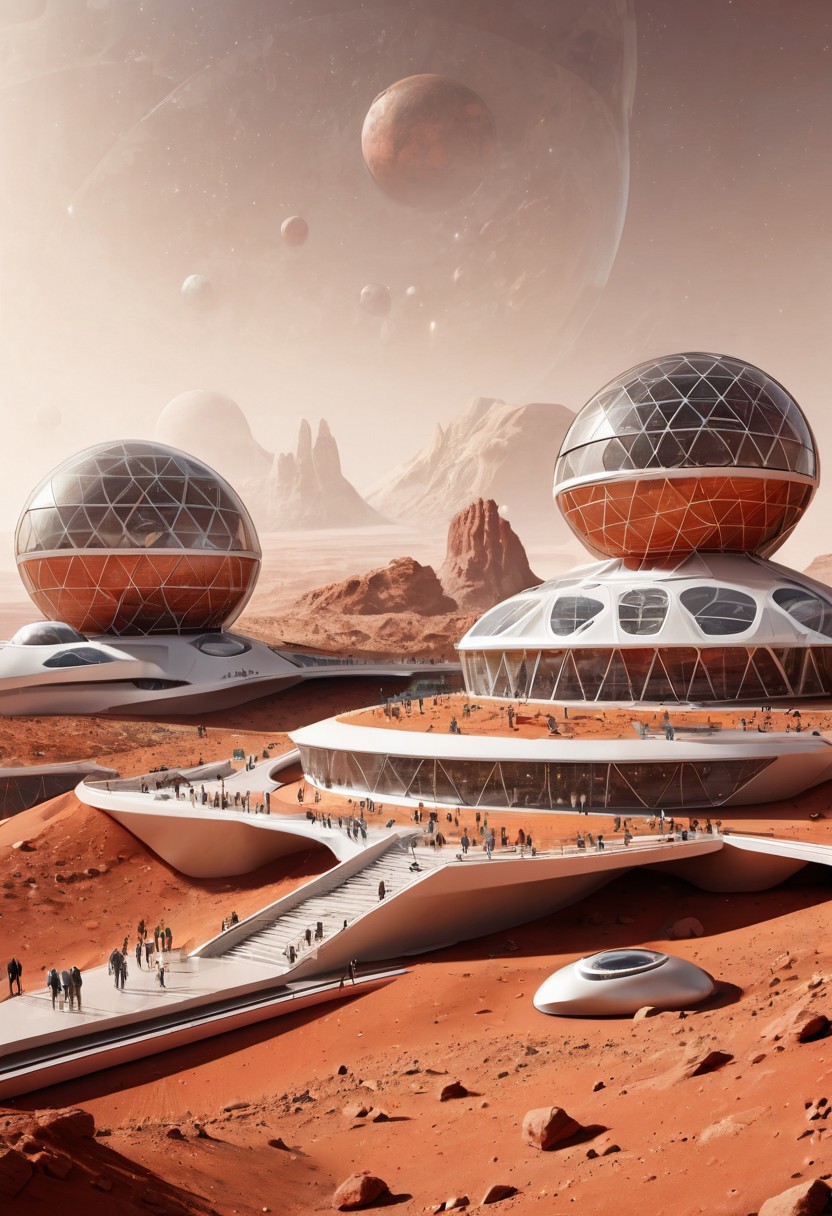 A futuristic line art illustration of a Martian educational complex, with multi-level buildings and open spaces for scientific exploration. The design includes large glass domes and interactive learning areas, promoting a harmonious blend of education and environmental awareness on Mars.