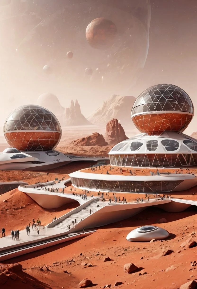 A futuristic line art illustration of a Martian educational complex, with multi-level buildings and open spaces for scientific exploration. The design includes large glass domes and interactive learning areas, promoting a harmonious blend of education and environmental awareness on Mars.