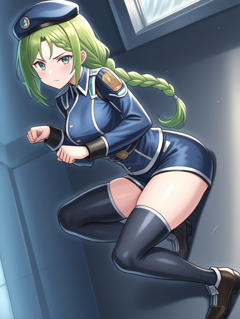 perfect quality,best quality,absolutely eye-catching,ambient occlusion,raytracing BREAK
1girl,<lora:annnu rennpou IL v1.1:0.8>,rennpou,green eyes,green hair,(single braid ponytail:1.2),beret,military uniform,long sleeves,shorts,thighhighs,shoes,, sideways,macro_shot,fighting_stance,paw_pose,arm_support,knees_together_feet_apart,