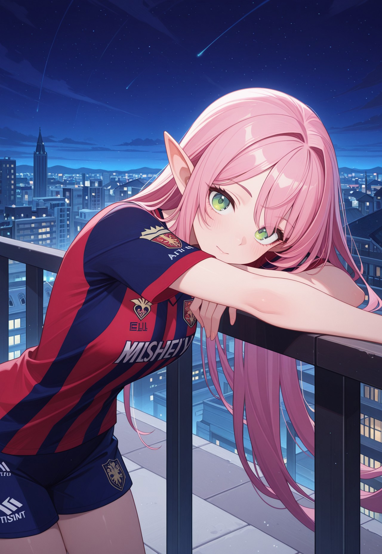 masterpiece, best quality, amazing quality,,<lora:afkArenaIllustrious:1>
afkarenastyle,
1girl, female elf, solo, portrait, female focus, pink hair, green eyes, slim, long hair, swept hair, light skin, melancholy expression, leaning on railing, leaning forward, looking at viewer, balcony, beautiful, soccer jersey, outdoors, cityscape, night
