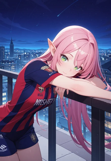 masterpiece, best quality, amazing quality,,<lora:afkArenaIllustrious:1>
afkarenastyle,
1girl, female elf, solo, portrait, female focus, pink hair, green eyes, slim, long hair, swept hair, light skin, melancholy expression, leaning on railing, leaning forward, looking at viewer, balcony, beautiful, soccer jersey, outdoors, cityscape, night