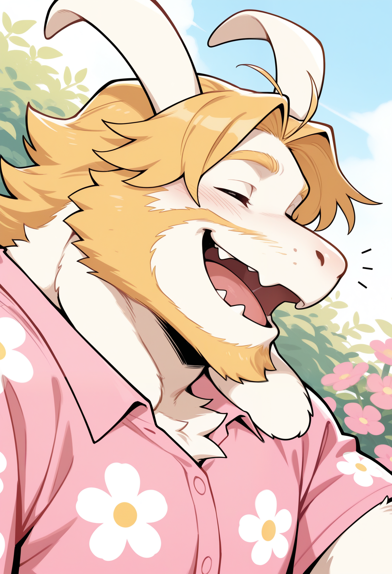 masterpiece,best quality,amazing quality, 1boy, solo, 4sg0r3, pink floral shirt, furry male, close up, side angle, laughing,

 outside, garden, 
