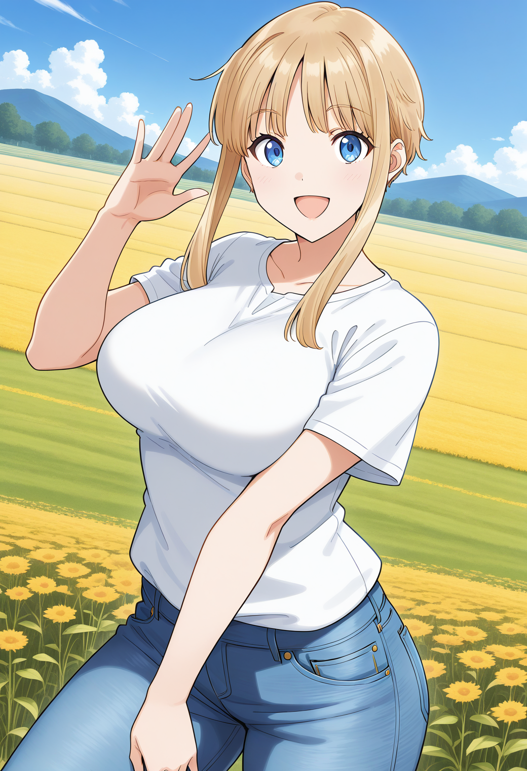 malta, blue eyes, blonde hair, short hair with long locks, sidelocks, shirt, denim, pants, <lora:malta_illustrious_ver1:0.8> 
smile, open mouth, 
1girl, solo, (field:1.2), (blue sky:1.2), looking at viewer,, masterpiece, best quality, general,, (cowboy shot, dynamic pose:1.4),