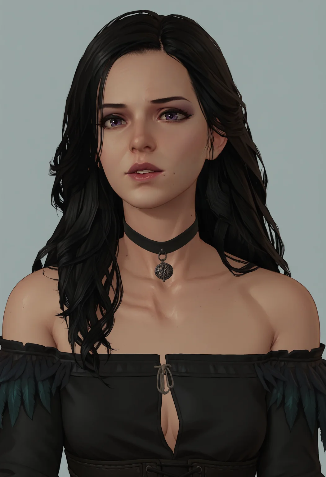 score_9, score_8_up, score_7_up, score_6_up, score_5_up, score_4_up, 1girl, <lora:YenneferDLC:0.85> solo, medium breasts, violet eyes, long hair, black hair, mole, mole under mouth, choker, black choker, bare shoulders, gloves, dress, black dress, jewelry, upper body, looking at viewer, parted lips,
(light blue background:1.15), simple background,