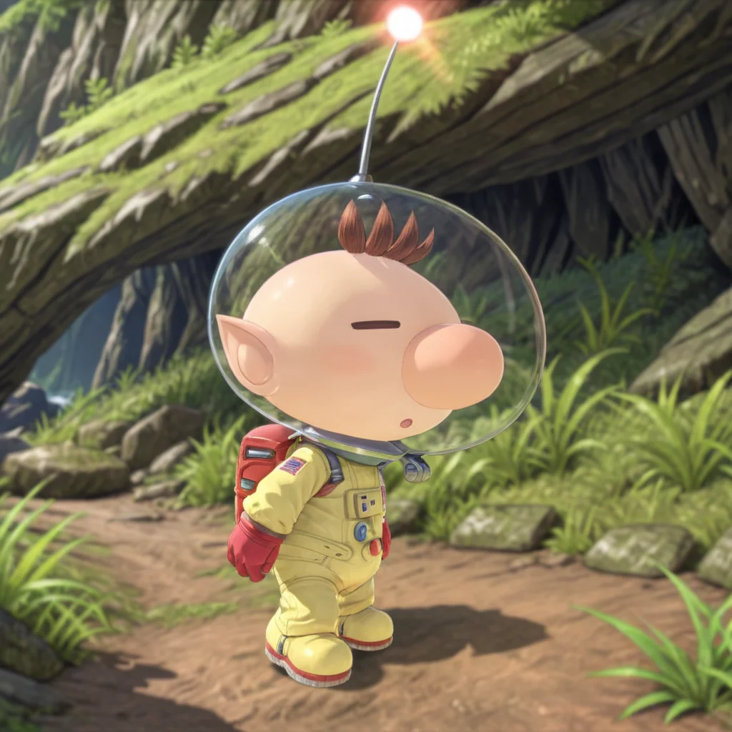 Man walking through cave, PikminOlimarXL, <lora:PikminOlimarXL:.6>, (anime, masterpiece, intricate:1.3), (best quality, hires textures, high detail:1.2), (4k),(incredibly detailed:1.4),UHD, 8K, ultra detailed