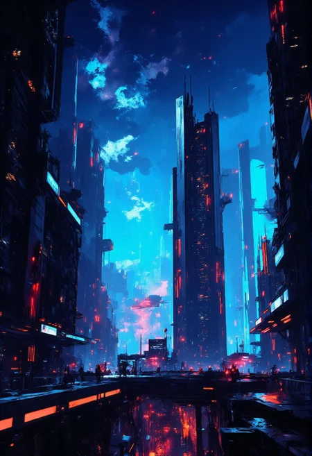 Inkpunk Anime, a futuristic sci-fi city with tall, towers and futuristic skyscrapers, surreal colours, detailed night sky with stars and nebulas, mythp0rt