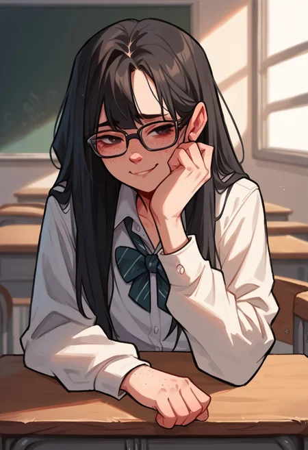 score_9, score_8_up, score_7_up, dijor, shy, cute, petite girl, long black hair, wearing glasses, freckles, school uniform, sitting at a desk, hands on table, smirk