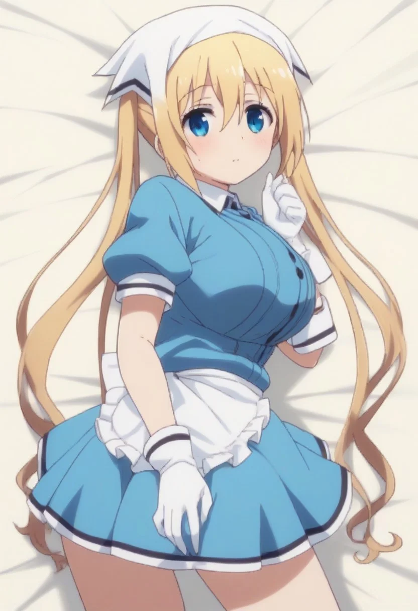 score_9, score_8_up, score_7_up, spread legs dakimakura, kaho hinata BREAK (source_anime:1.2), best quality, masterpiece, ultra detailed, from behind, 1girl, solo, kaho hinata, blonde hair, blue eyes, hair between eyes, long hair, sidelocks, twintails, large breasts, apron, blue shirt, blue skirt, frilled apron, frills, gloves, head scarf, shirt, short sleeves, skirt, uniform, waist apron, waitress, white apron, white gloves